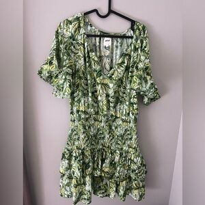 Aerie Green and White Ruffled Puff Sleeve Sundress